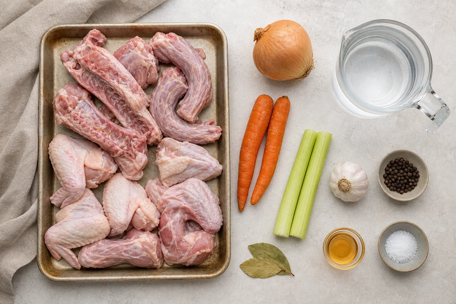 Chicken backs, necks and wings with onion, carrots, celery, garlic, bay, pepper, vinegar and water