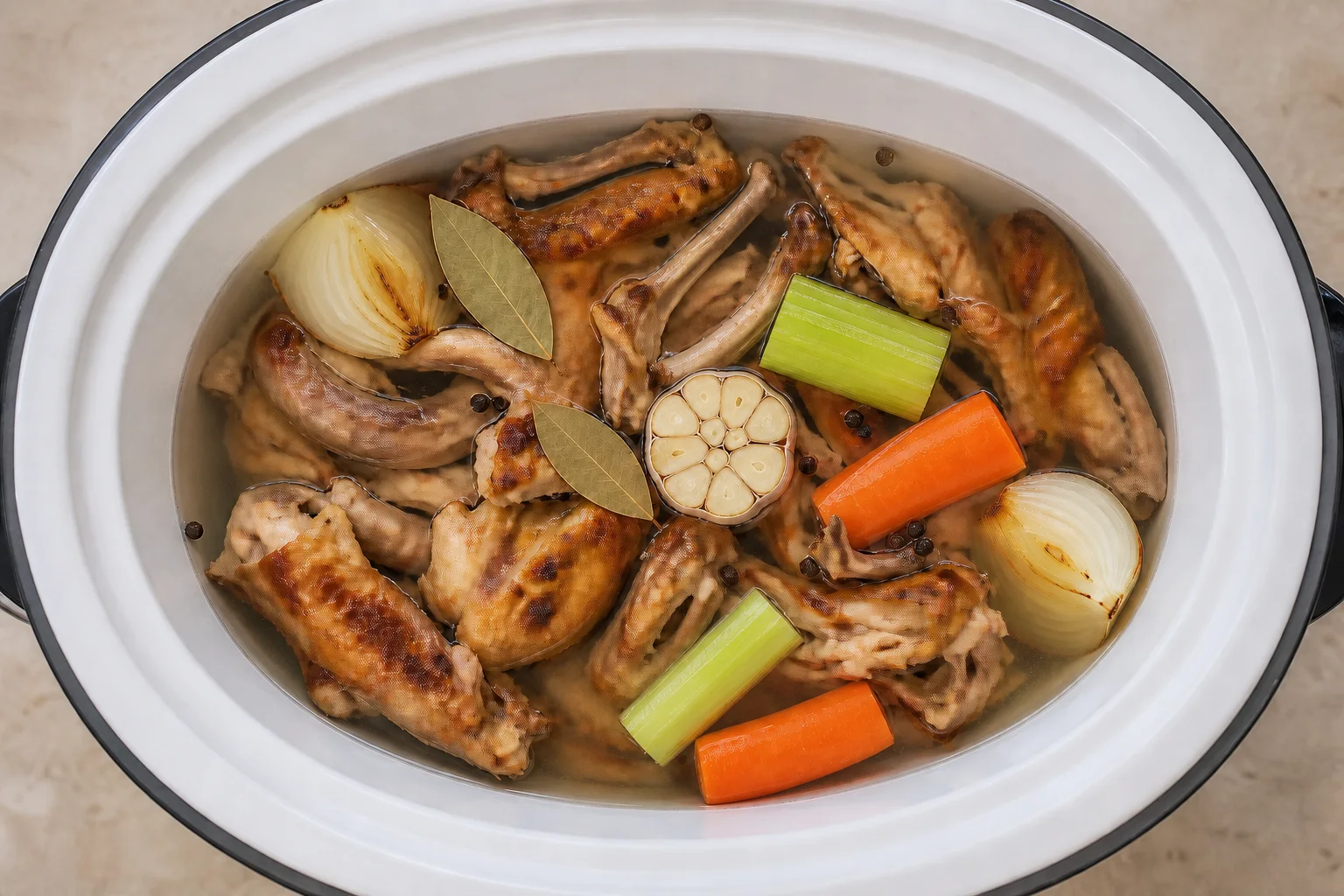 Roasted chicken bones and vegetables in a slow cooker barely covered with water