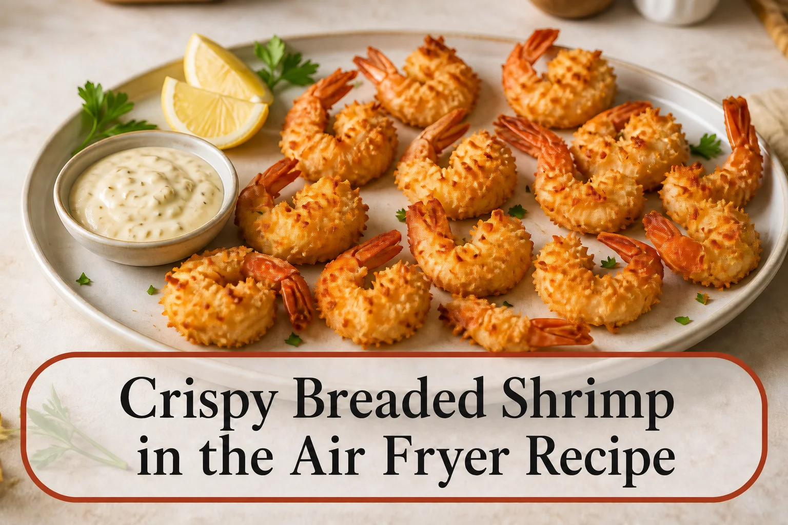 Crispy breaded shrimp with title reading Crispy Breaded Shrimp in the Air Fryer Recipe