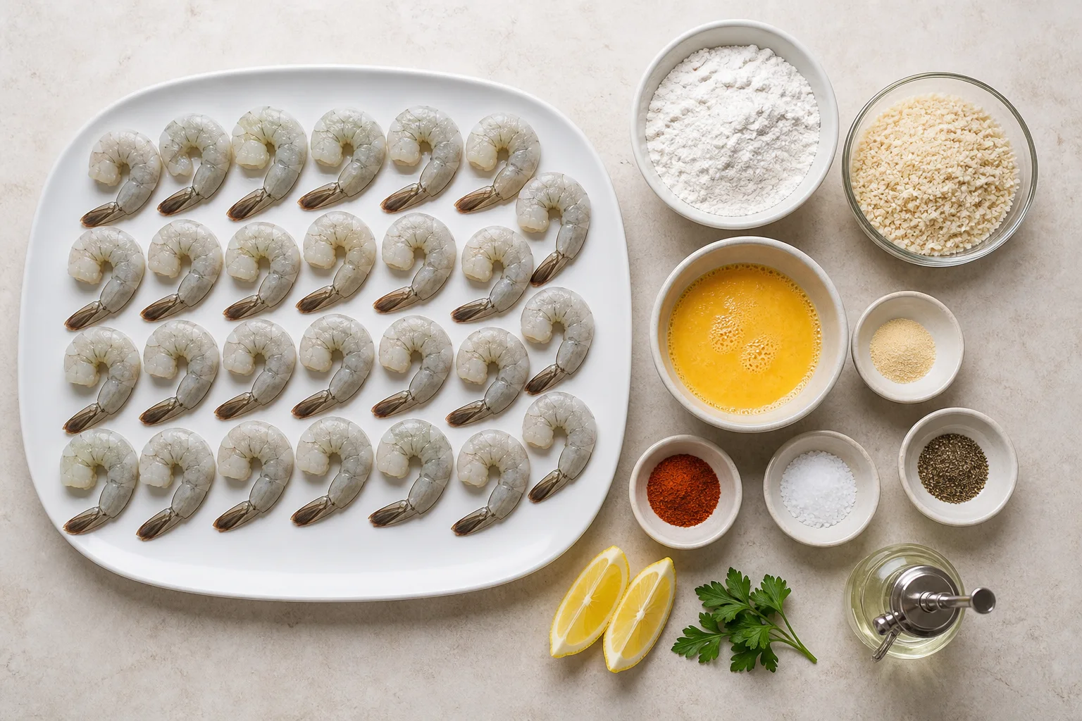 Raw shrimp with flour, egg, panko, garlic, paprika, salt, pepper, oil and lemon