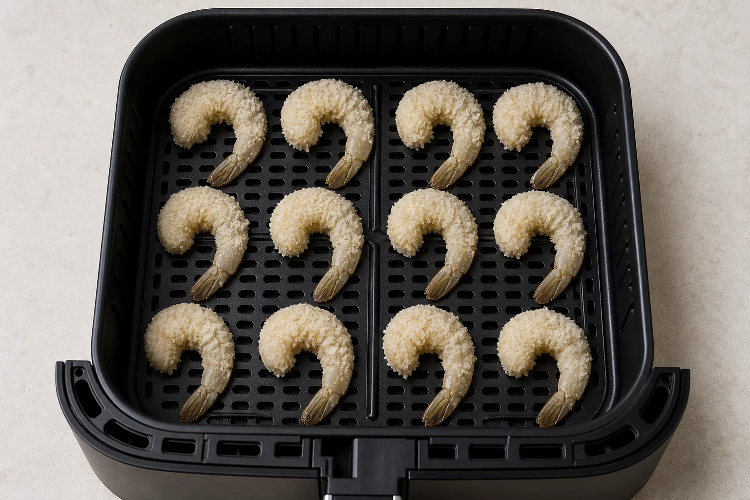 Breaded raw shrimp arranged without overlap in one layer in an air fryer basket
