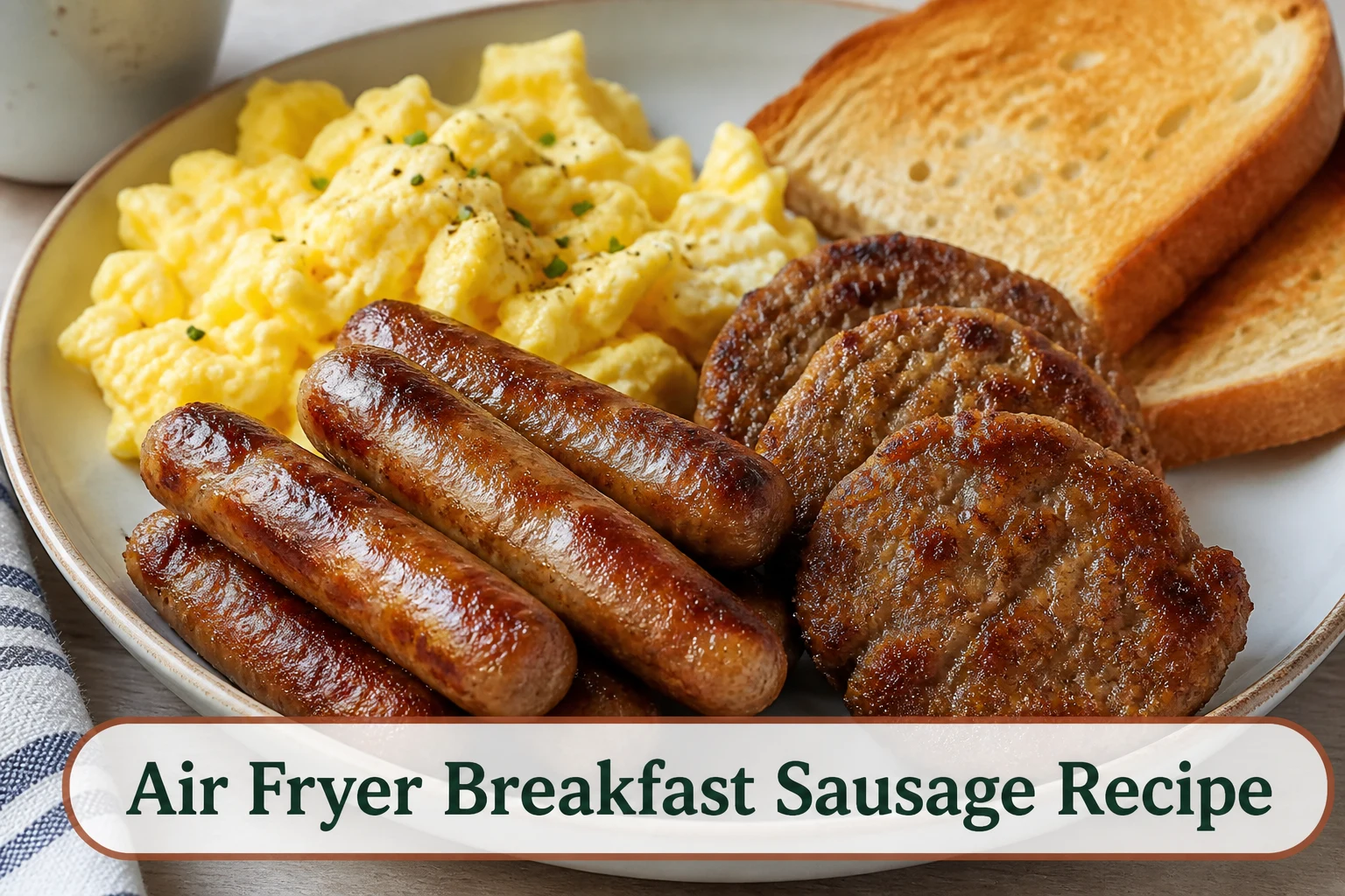Browned breakfast sausage links and patties on a ceramic plate with softly scrambled eggs and toast, realistic crisp casing and natural morning light.; title text reads Air Fryer Breakfast Sausage Recipe