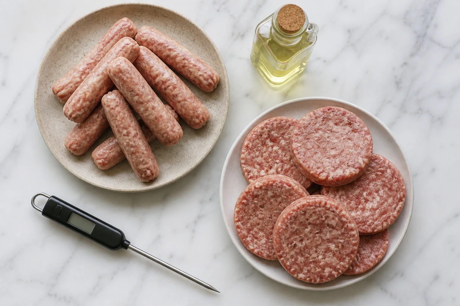 Raw breakfast sausage links and patties with a small bottle of neutral oil and an instant-read thermometer on a clean counter.