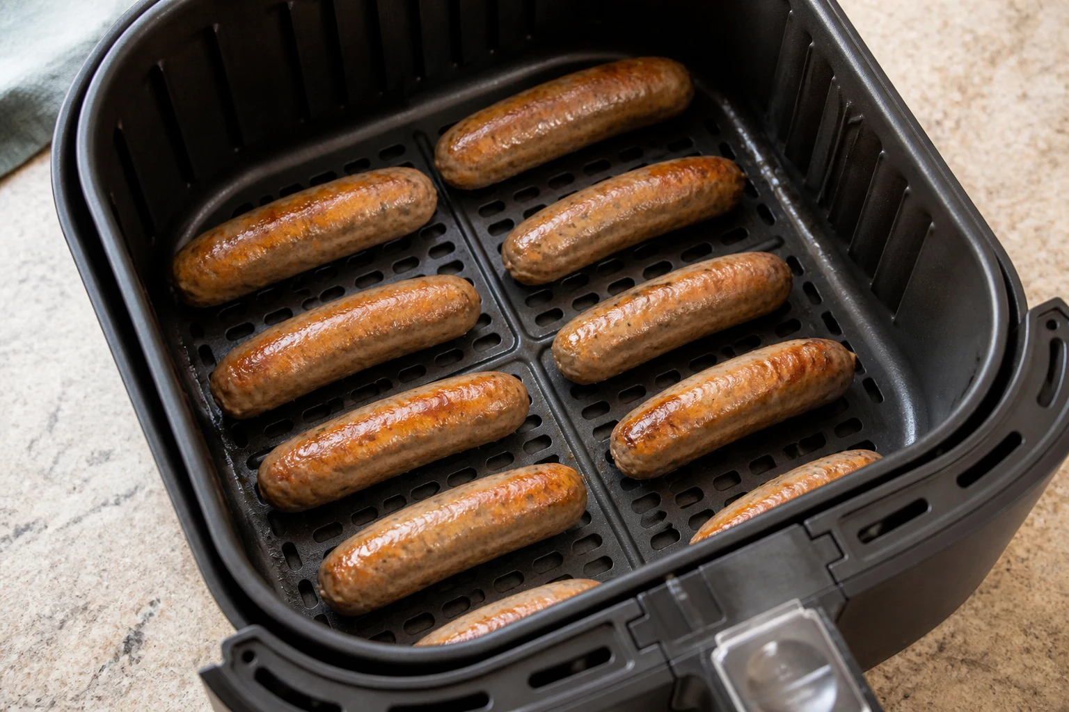 Breakfast sausage arranged in one layer inside an air-fryer basket, halfway browned and ready to turn.