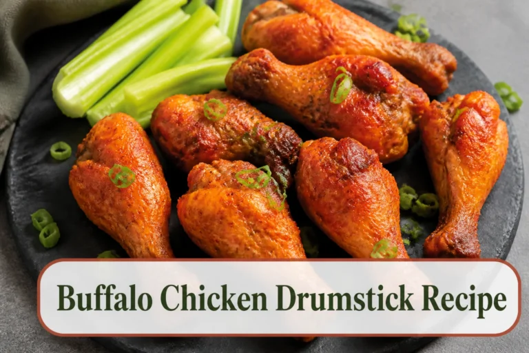 Baked Buffalo chicken drumsticks on a charcoal platter, browned skin under a light orange-red glaze, celery and scallions nearby, no heavy sauce pool. The lower title bubble reads Buffalo Chicken Drumstick Recipe.