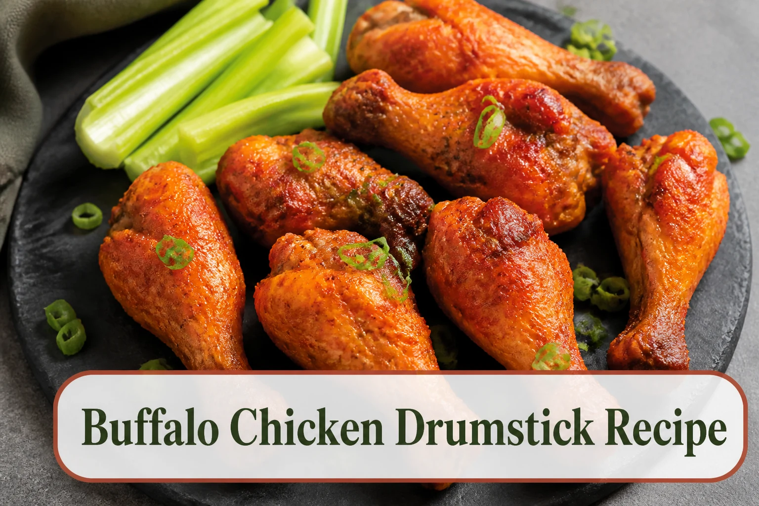 Baked Buffalo chicken drumsticks on a charcoal platter, browned skin under a light orange-red glaze, celery and scallions nearby, no heavy sauce pool. The lower title bubble reads Buffalo Chicken Drumstick Recipe.