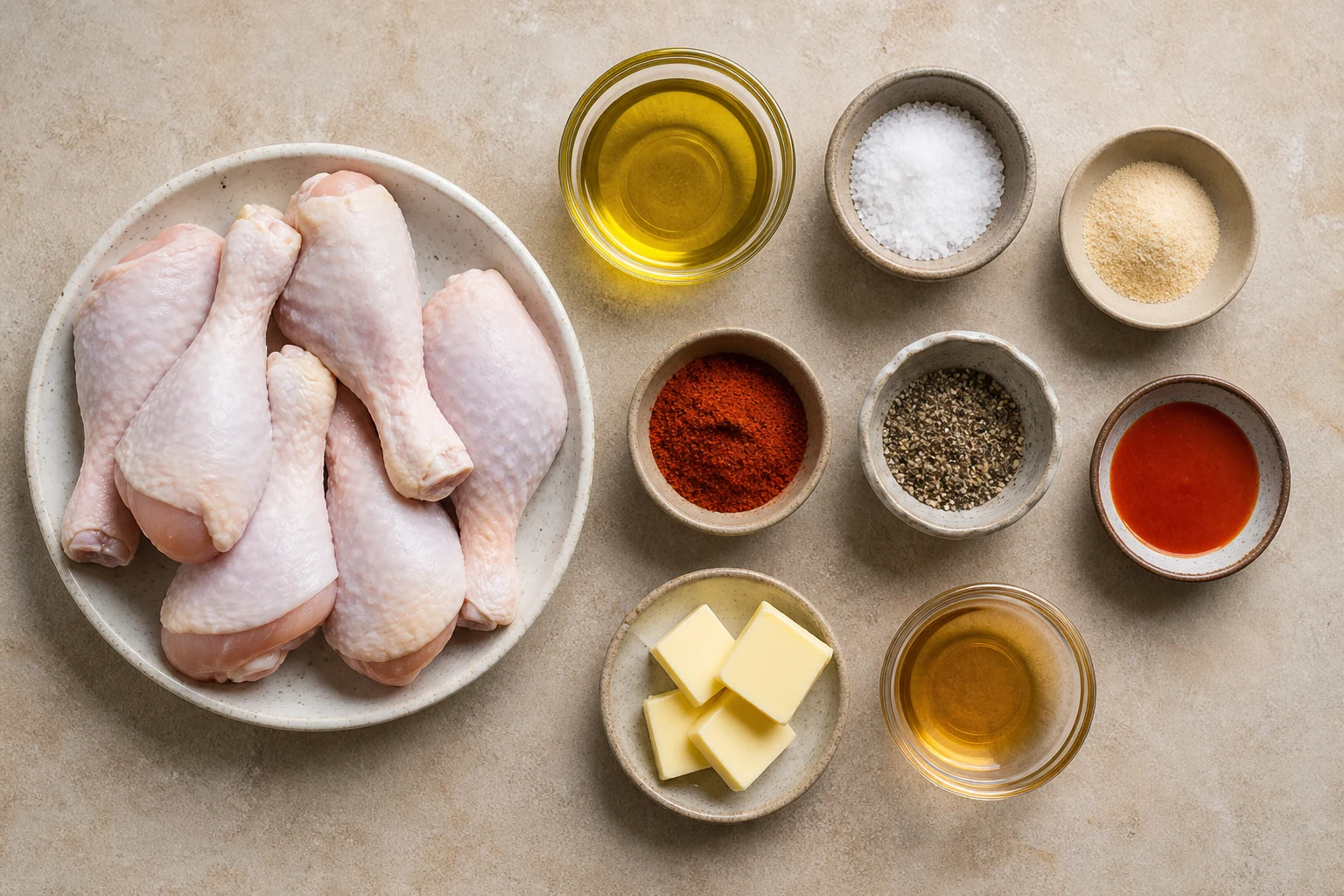 Raw chicken drumsticks, olive oil, kosher salt, garlic powder, smoked paprika, black pepper, cayenne hot sauce, butter and cider vinegar measured overhead.