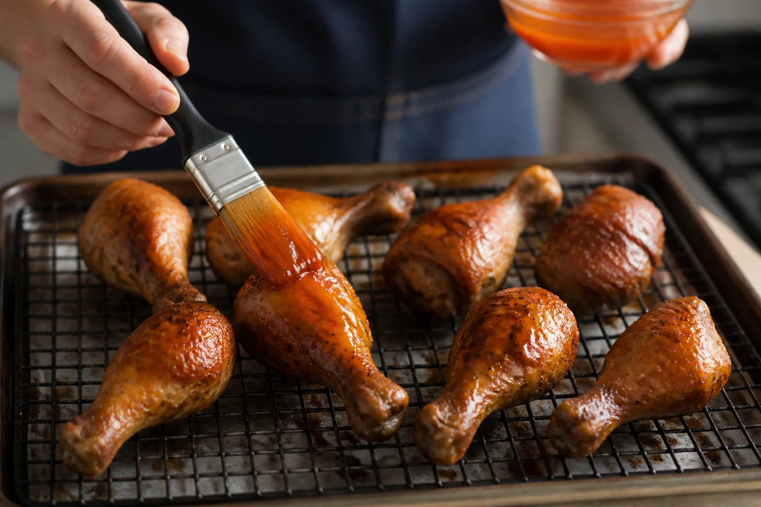 Browned safely cooked chicken drumsticks on a wire rack being brushed with a thin Buffalo glaze for a brief final oven set.