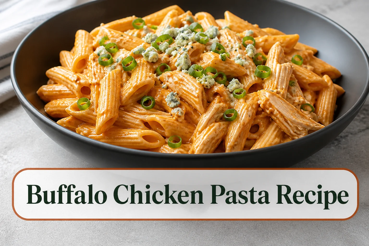 Creamy Buffalo chicken pasta in a shallow charcoal bowl, ridged penne coated in pale orange sauce with visible shredded chicken, scallions and a small blue-cheese garnish, realistic glossy texture. The lower title bubble reads Buffalo Chicken Pasta Recipe.