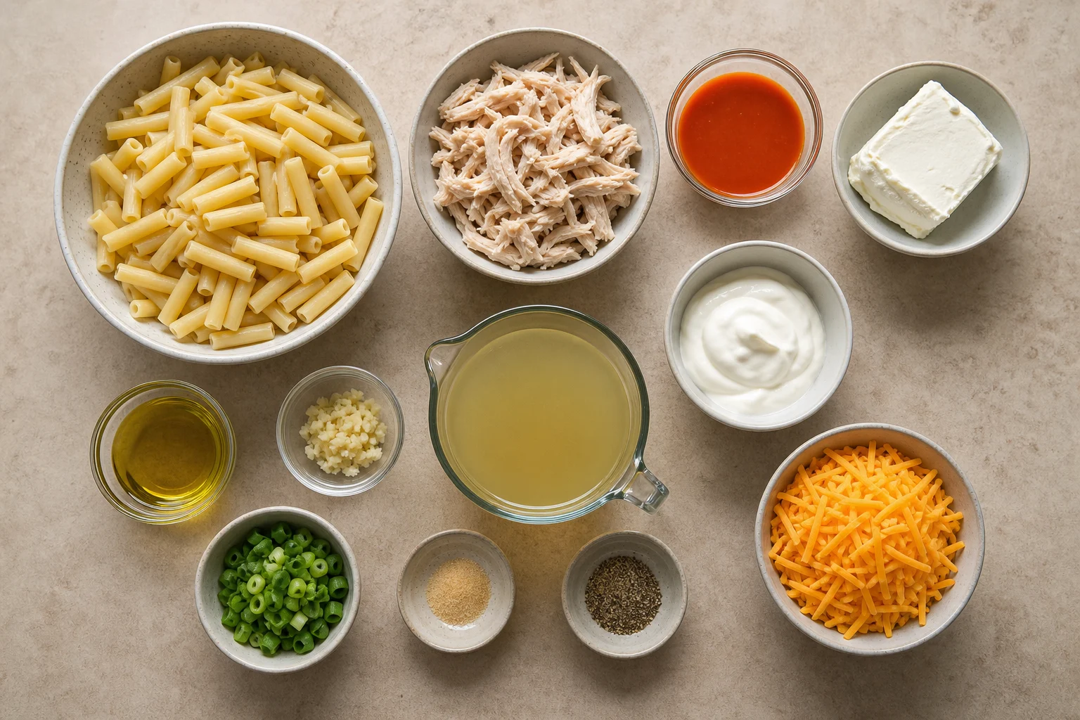 Short pasta, cooked shredded chicken, Buffalo-style hot sauce, cream cheese, Greek yogurt, cheddar, broth, garlic, olive oil, scallions, garlic powder and black pepper in realistic measured quantities.