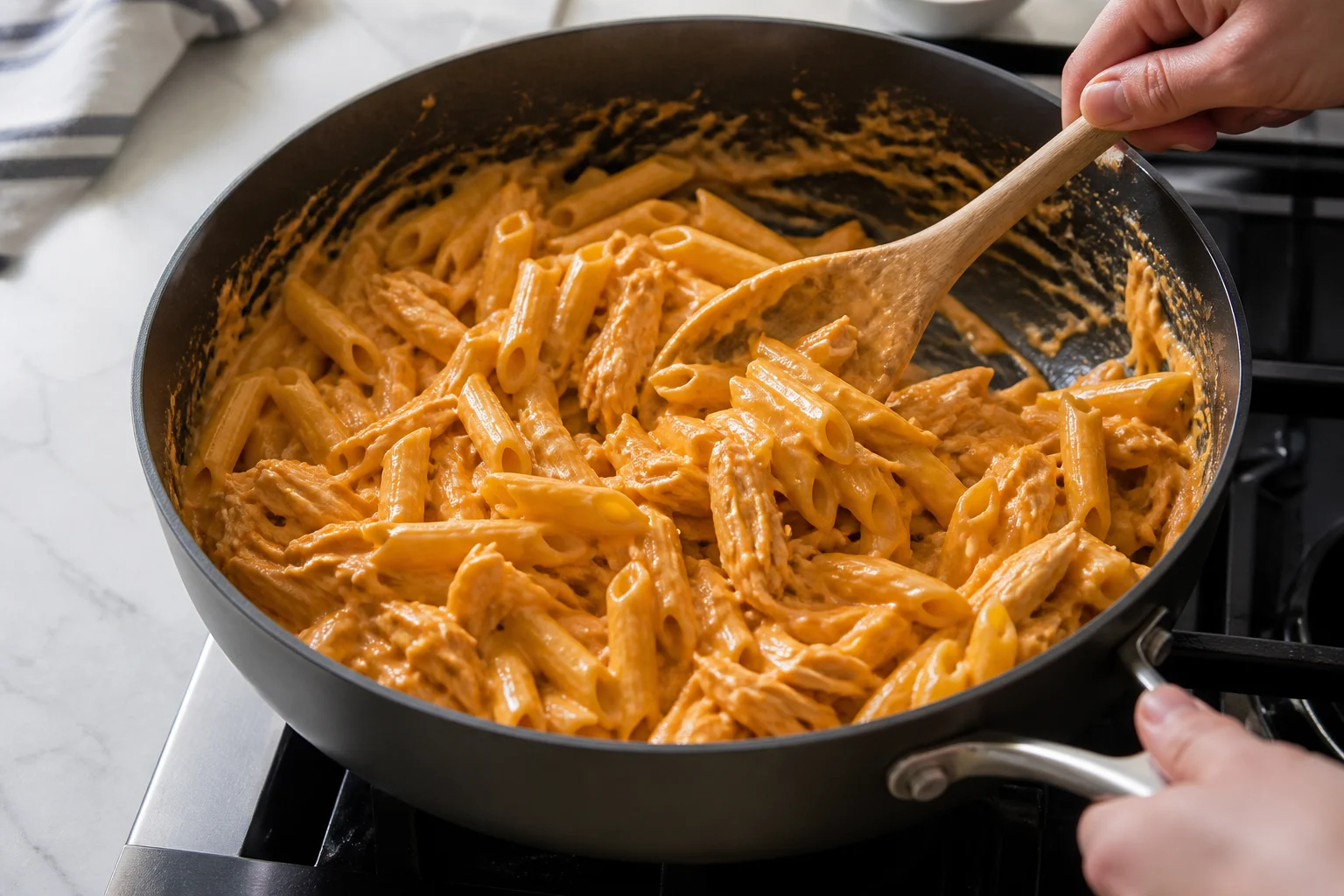 A deep skillet of smooth pale-orange Buffalo cheese sauce as cooked shredded chicken and drained penne are folded together, with sauce visibly coating rather than pooling.