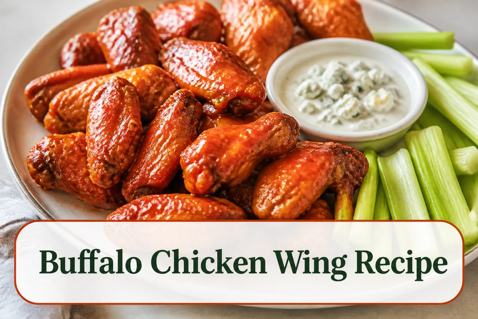 A generous platter of crisp oven-baked Buffalo chicken wings coated in glossy orange-red sauce, celery and a small bowl of blue-cheese dip, realistic browned skin and natural sauce texture. The lower title bubble reads Buffalo Chicken Wing Recipe.
