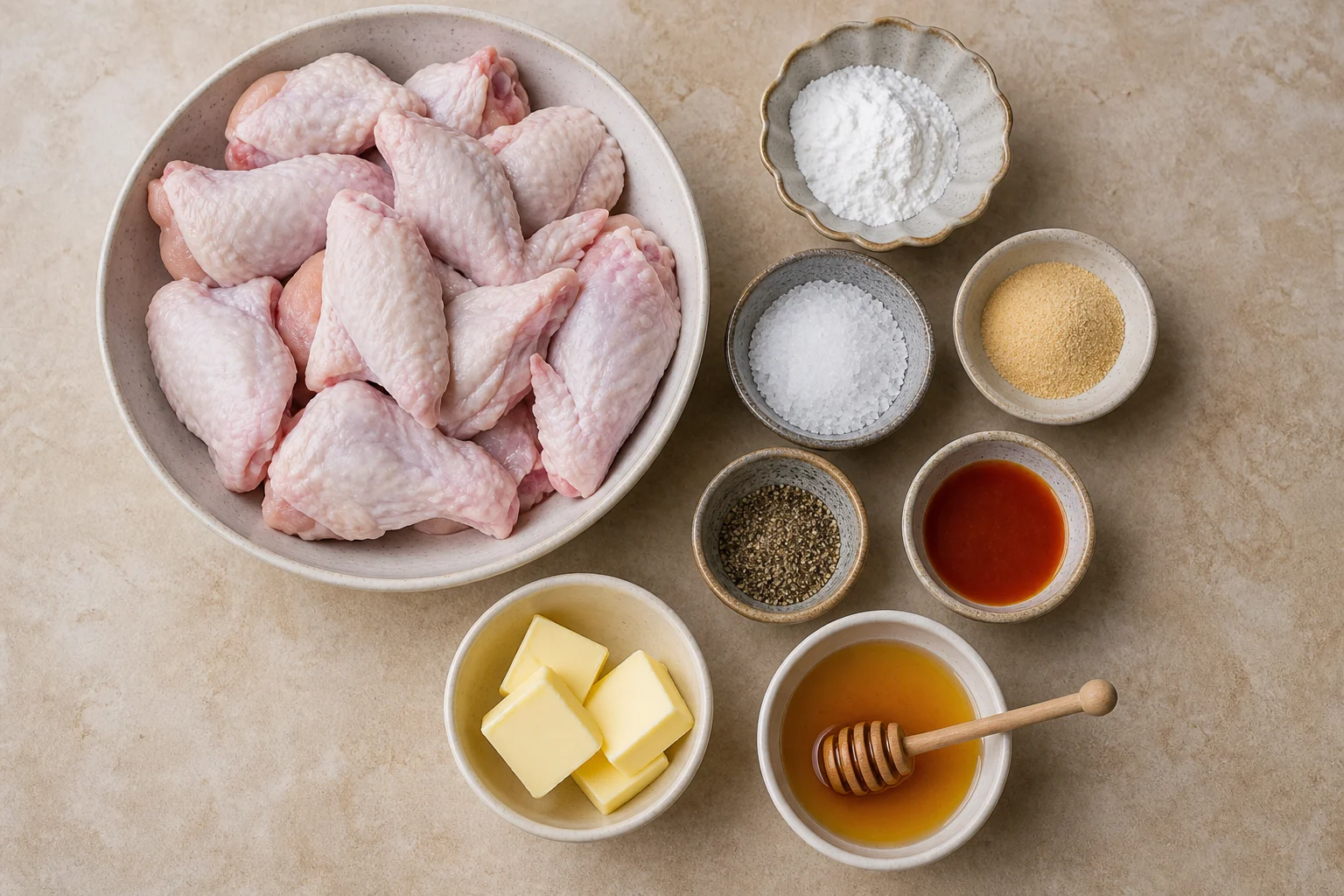 Split raw chicken wings, aluminum-free baking powder, kosher salt, garlic powder, black pepper, cayenne hot sauce, butter and honey in measured bowls on a warm neutral stone surface.