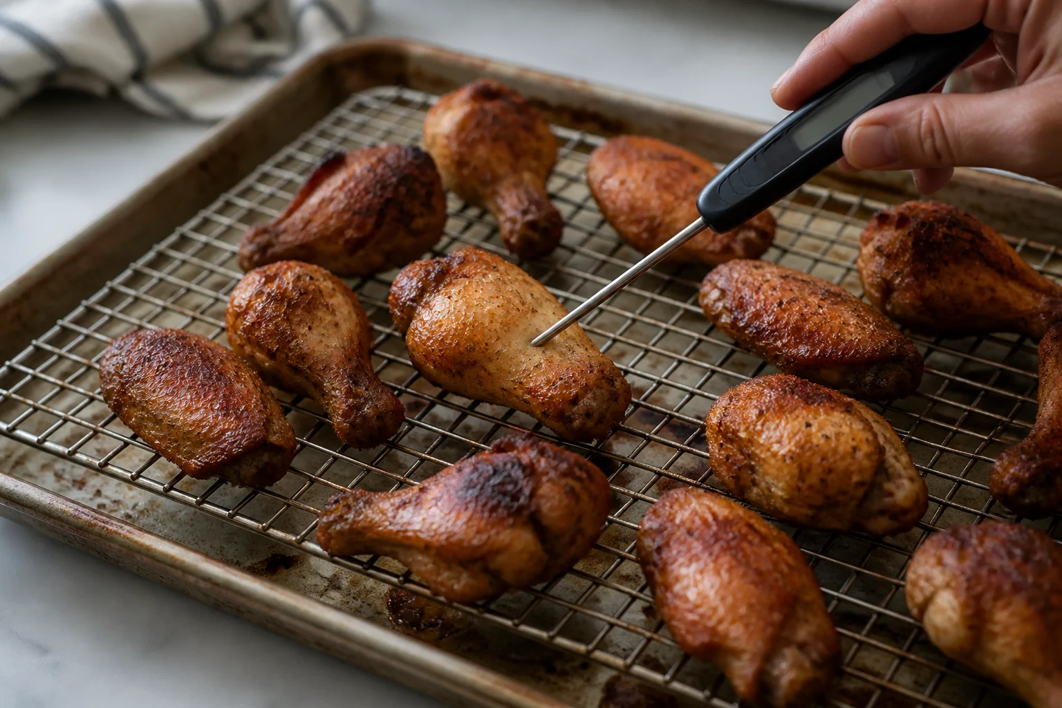 Deeply browned chicken wings spaced on a wire rack over a rimmed sheet pan, with a thermometer checking a thick drumette away from the bone.