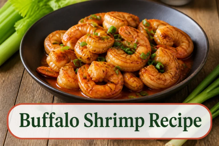Buffalo shrimp in a shallow dark bowl, large curled opaque shrimp with lightly seared edges and a thin orange-red buttery glaze, scallions and celery nearby. The lower title bubble reads Buffalo Shrimp Recipe.