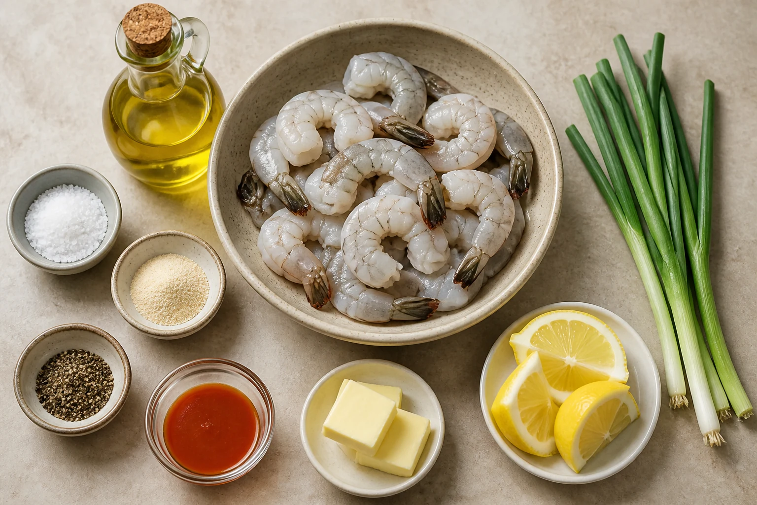 Raw peeled deveined large shrimp, olive oil, kosher salt, garlic powder, black pepper, cayenne hot sauce, butter, lemon and scallions measured overhead.