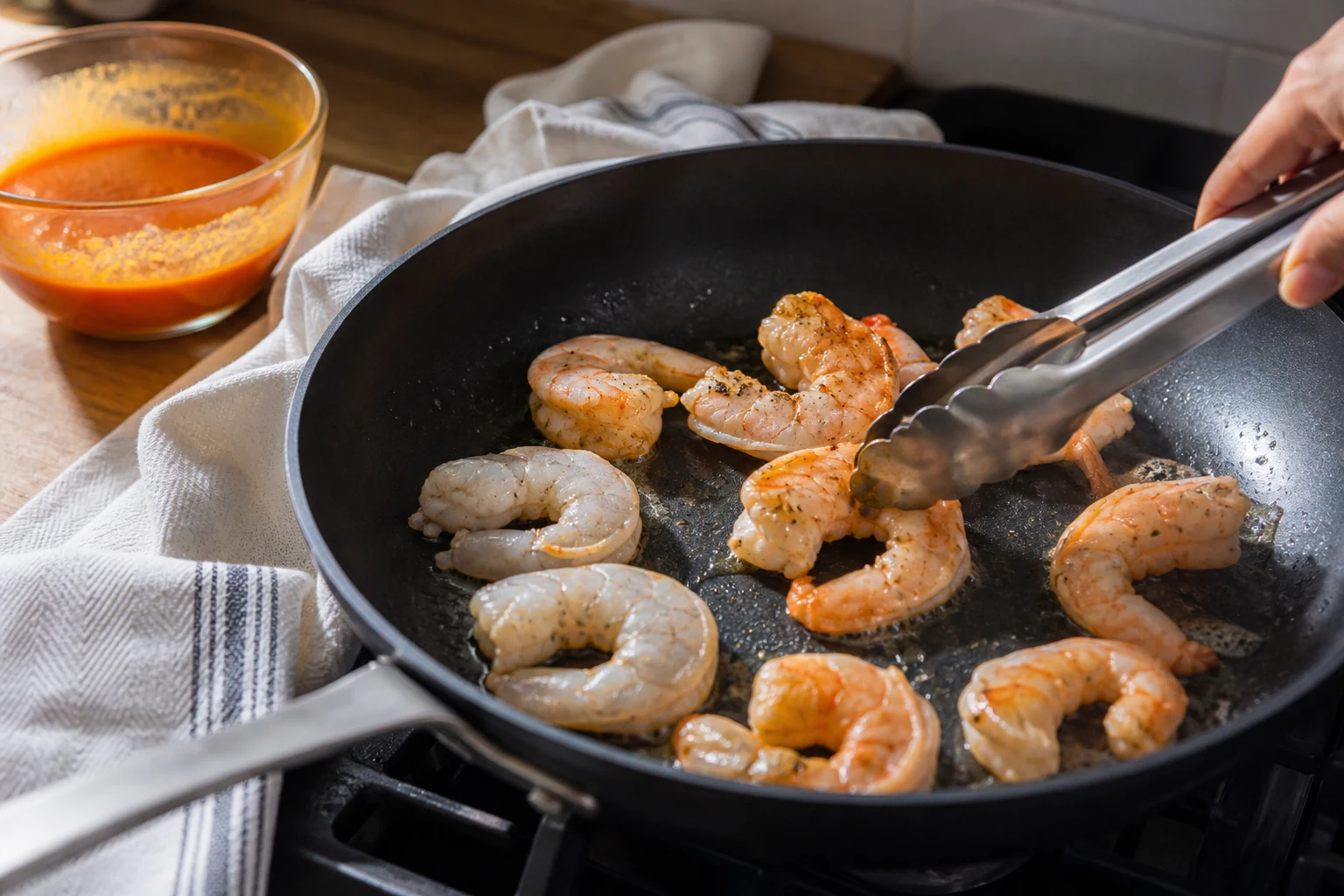Large shrimp searing in one uncrowded skillet layer, several just turning opaque while warm Buffalo sauce waits off heat.