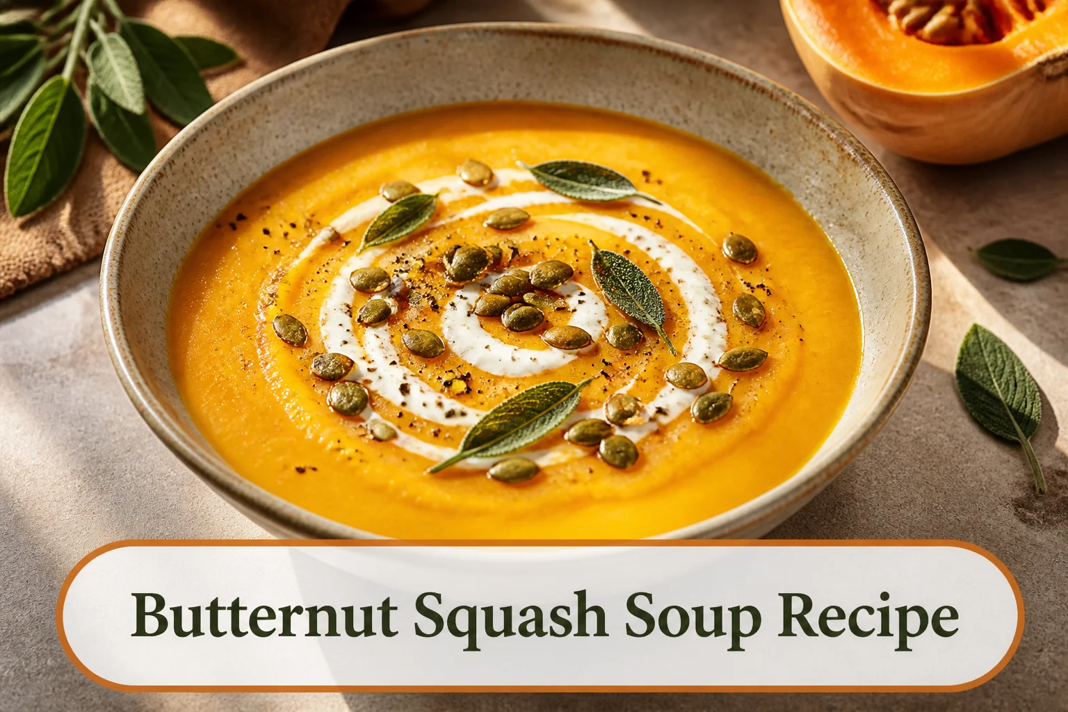 Silky orange butternut squash soup in a shallow ceramic bowl with a cream swirl, toasted pepitas, sage and black pepper, natural velvety texture and warm fall light. The lower title bubble reads Butternut Squash Soup Recipe.