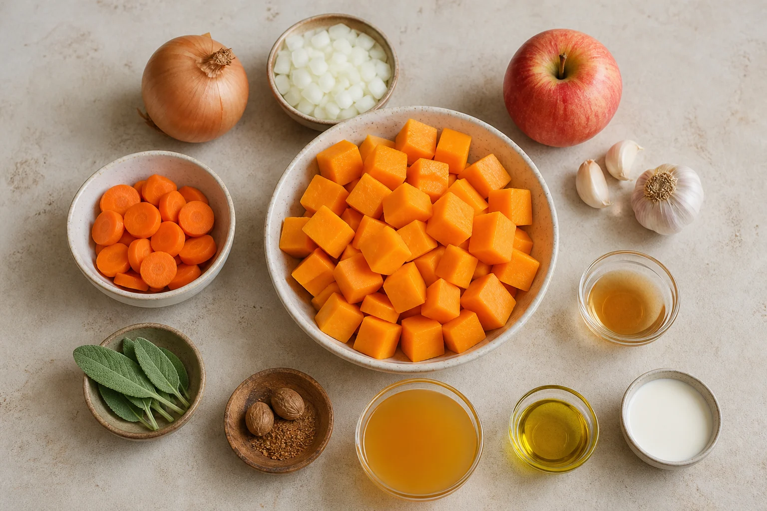Butternut squash cubes, onion, carrot, tart apple, garlic, sage, nutmeg, broth, olive oil, cream and apple cider vinegar arranged neatly.