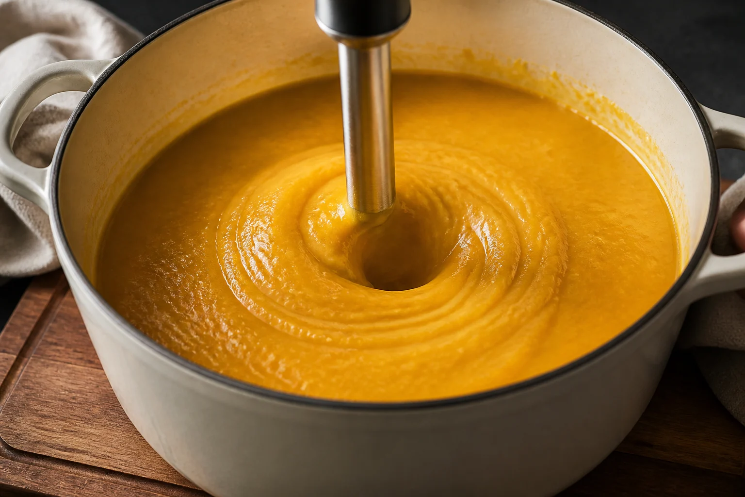 An immersion blender smoothing tender butternut squash, apple and aromatics directly in a Dutch oven, with a thick controlled vortex and no splashing.