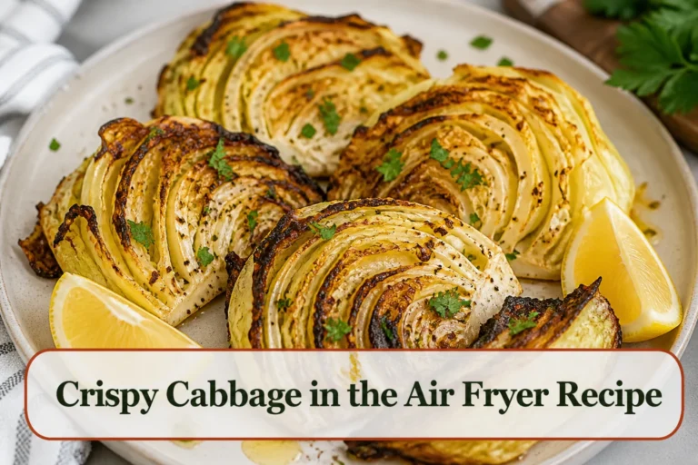 Caramelized cabbage wedges with crisp dark-gold edges on a cream platter, lemon and herbs, visible tender layered interior.; title text reads Crispy Cabbage in the Air Fryer Recipe