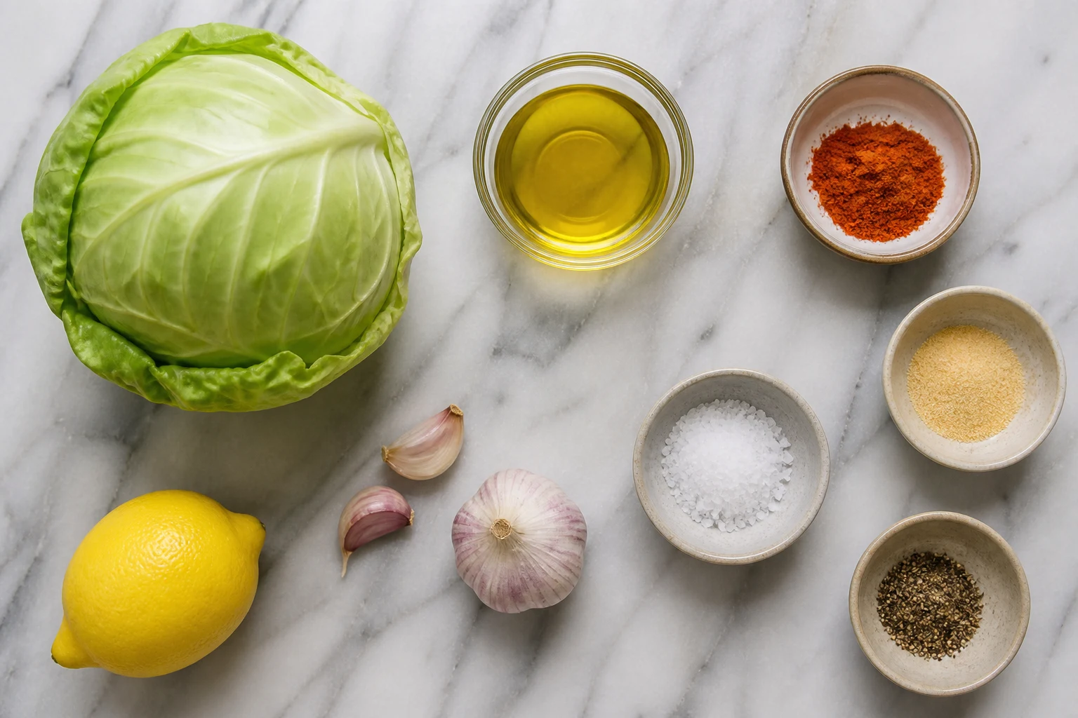 Small green cabbage, olive oil, smoked paprika, garlic powder, kosher salt, pepper and lemon arranged neatly.