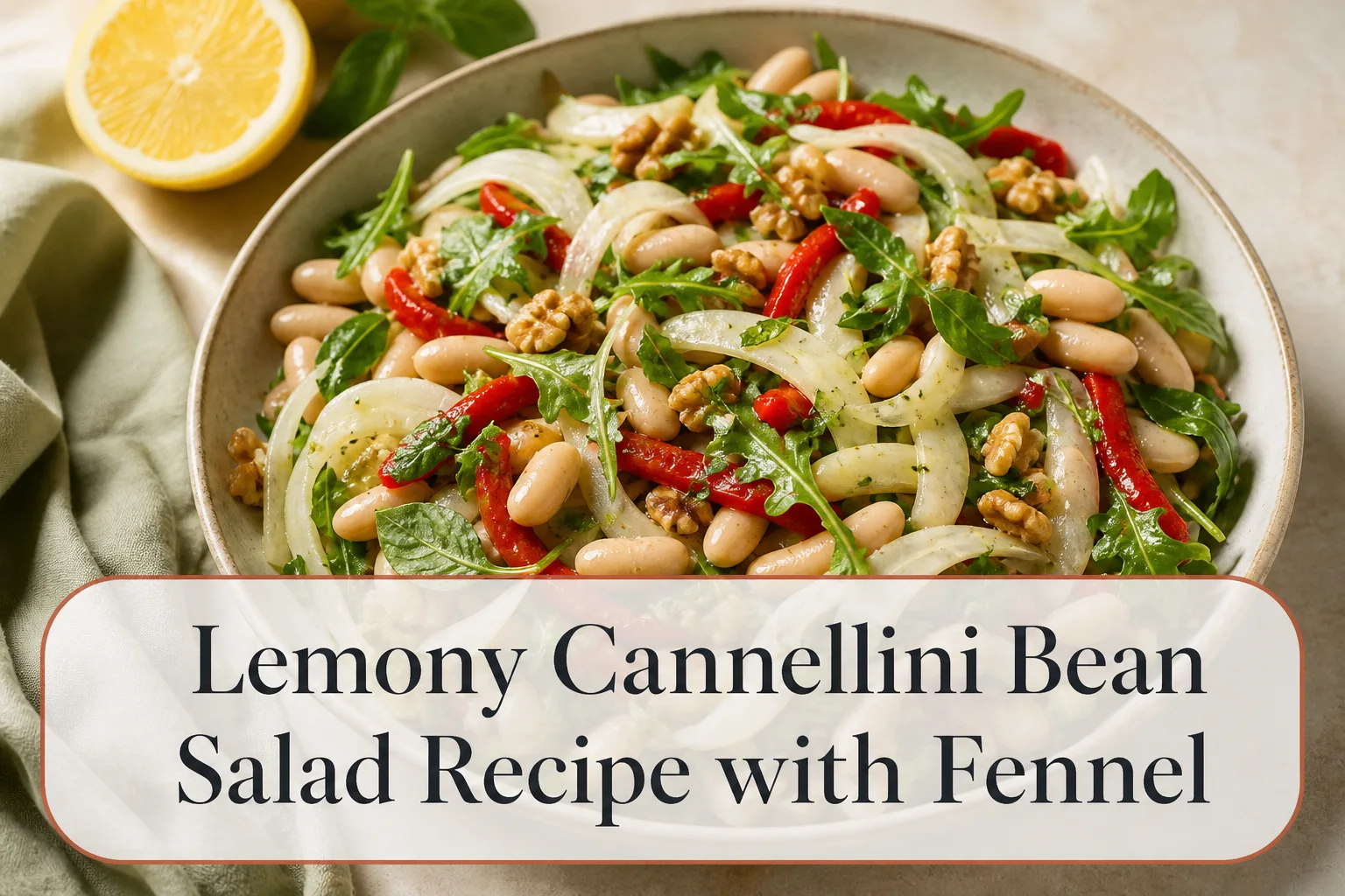 Cannellini bean salad with title reading Lemony Cannellini Bean Salad Recipe with Fennel
