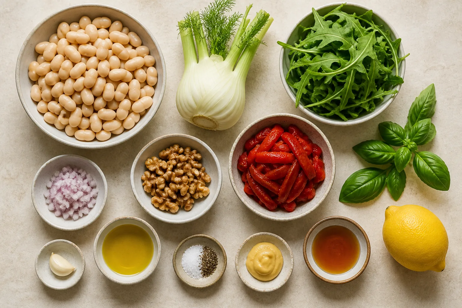 Cannellini beans, fennel, roasted red pepper, arugula, basil, walnuts, shallot, lemon, Dijon, maple syrup, garlic and olive oil