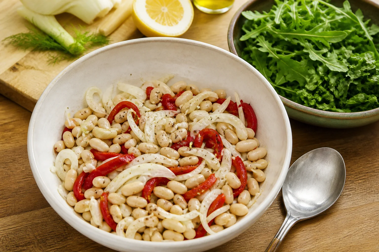 Cannellini beans, sliced fennel and roasted red pepper resting in lemon vinaigrette before greens are added