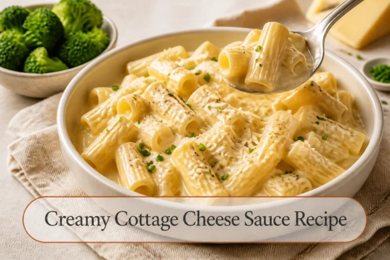 Cottage cheese sauce over pasta with title reading Creamy Cottage Cheese Sauce Recipe