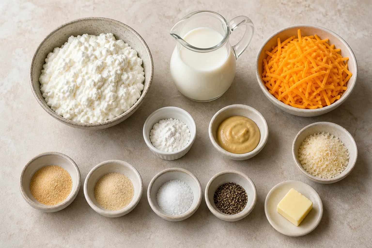 Cottage cheese, milk, cornstarch, Dijon, garlic powder, onion powder, salt, pepper, cheddar, Parmesan and butter