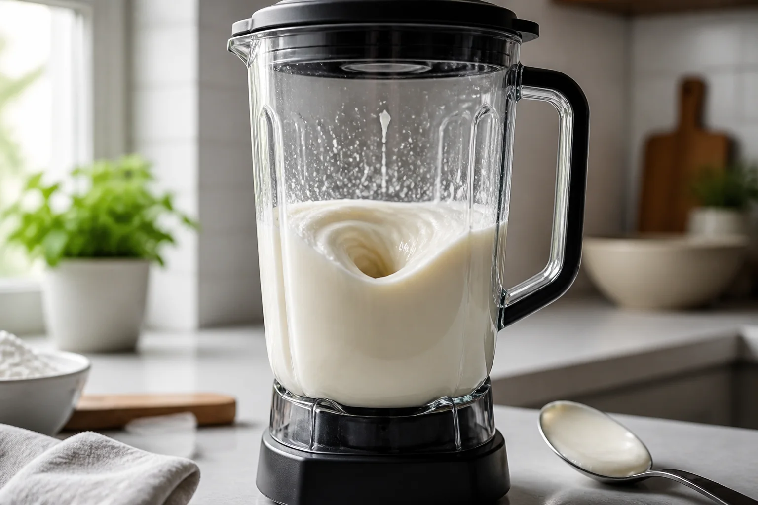 Glossy cottage cheese sauce base blending until completely smooth and curd-free