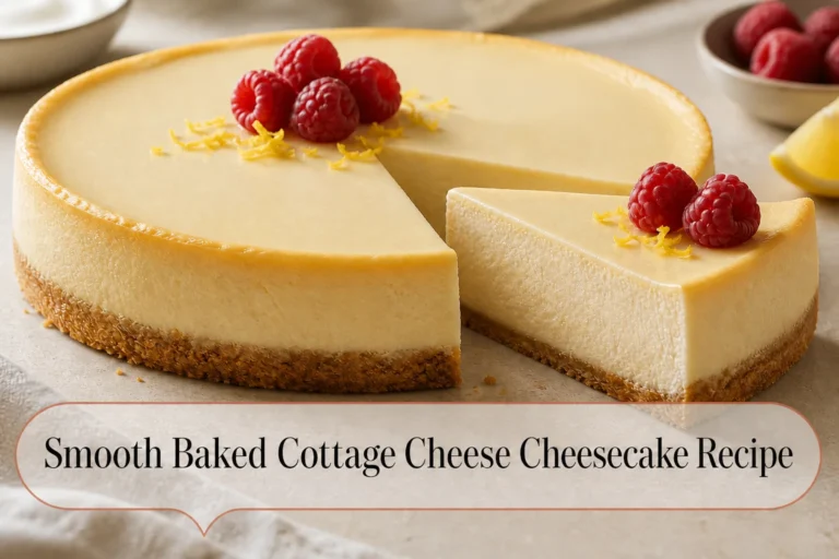 Cottage cheese cheesecake with title reading Smooth Baked Cottage Cheese Cheesecake Recipe