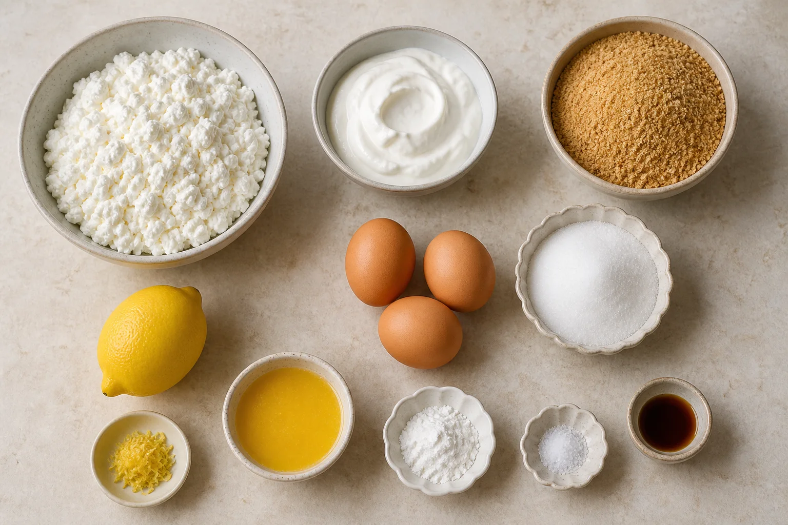 Cottage cheese, Greek yogurt, graham crumbs, sugar, butter, lemon, vanilla, cornstarch and three eggs
