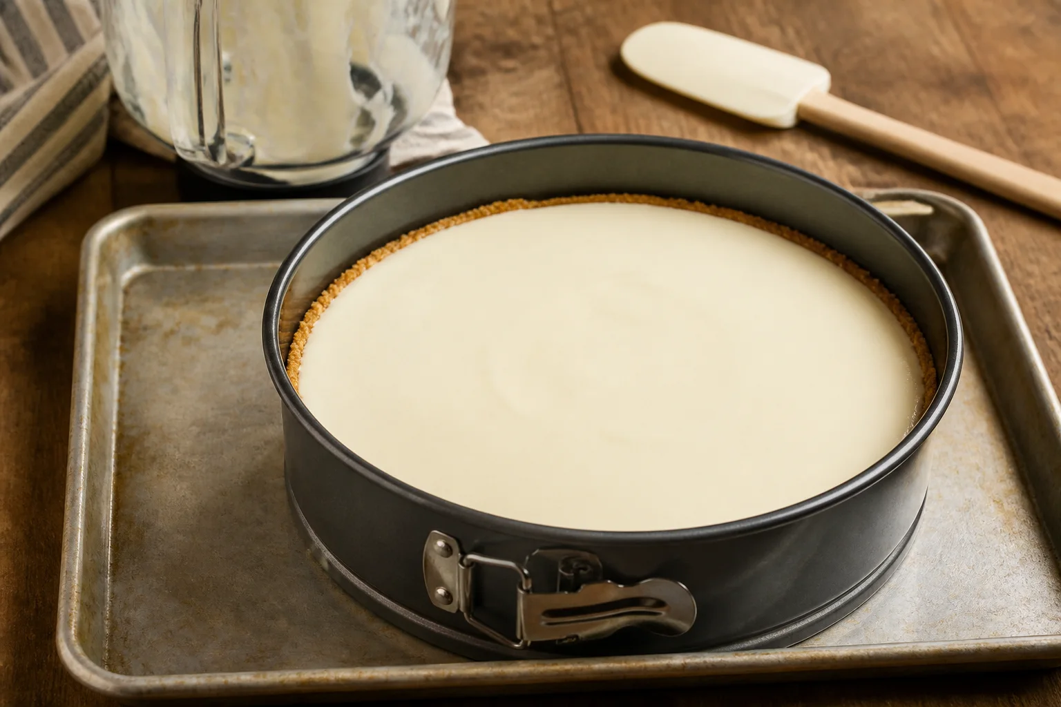 Smooth cottage cheese filling over a prebaked graham crust in a springform pan