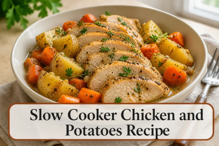 Sliced herb chicken with potatoes and title reading Slow Cooker Chicken and Potatoes Recipe