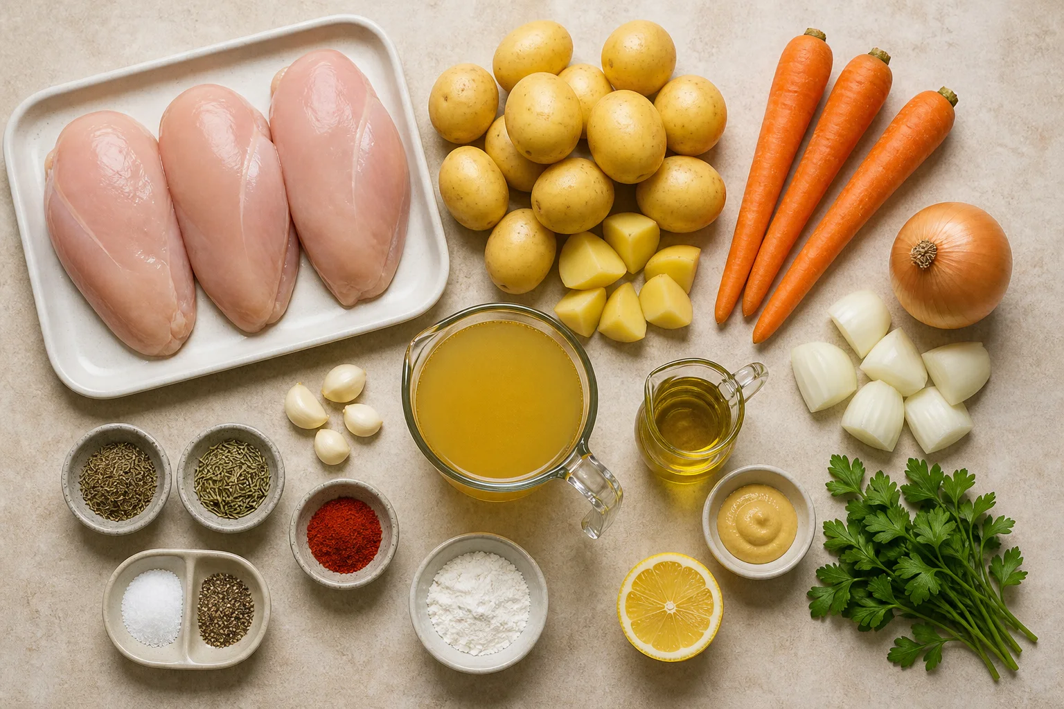Chicken breasts, Yukon Gold potatoes, carrots, onion, broth, mustard, herbs and seasonings