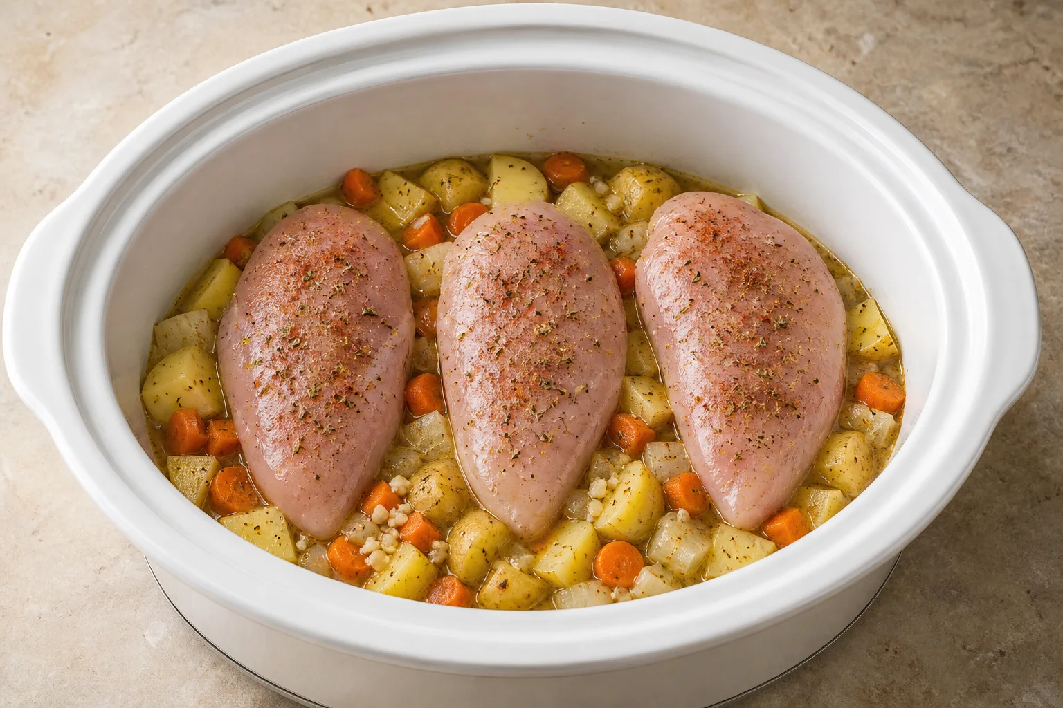 Raw seasoned chicken breasts over potatoes, carrots and onion in a slow cooker