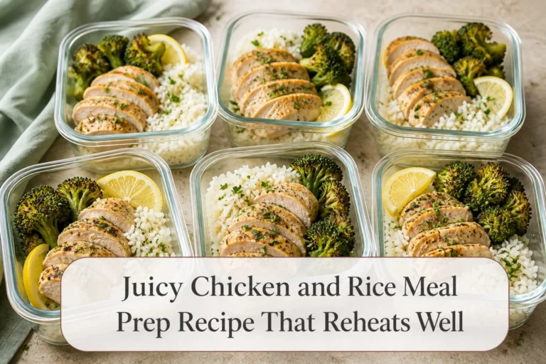 Chicken and rice meal prep bowls with title reading Juicy Chicken and Rice Meal Prep Recipe That Reheats Well