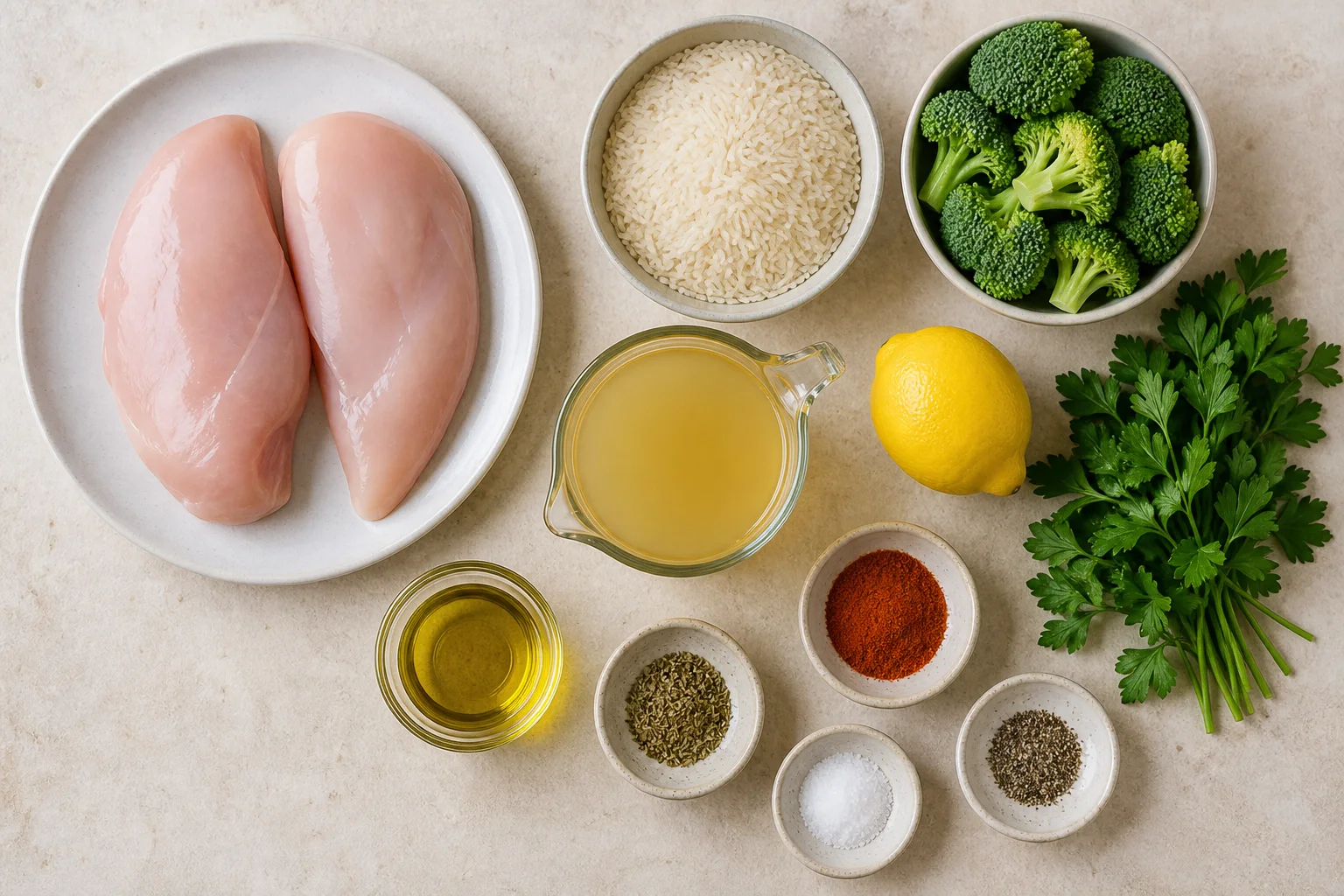 Chicken breasts, basmati rice, broccoli, lemon, parsley, broth, olive oil and seasonings