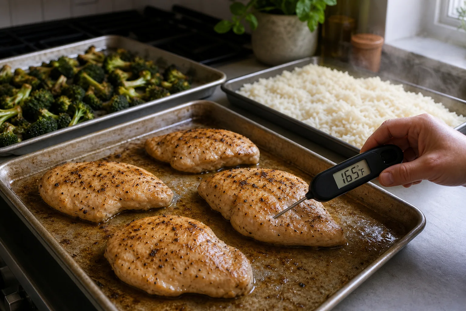 Even chicken breasts on a sheet pan being checked at the thickest center with a food thermometer