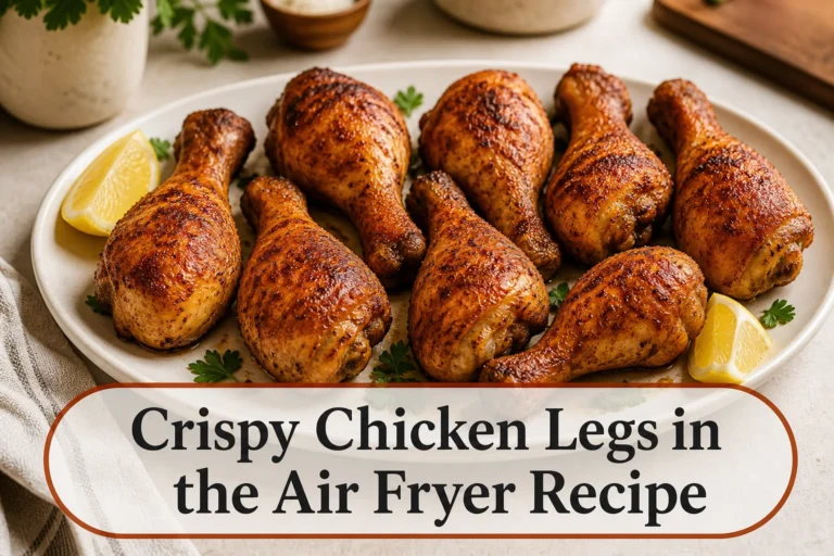 Crispy chicken drumsticks with title reading Crispy Chicken Legs in the Air Fryer Recipe