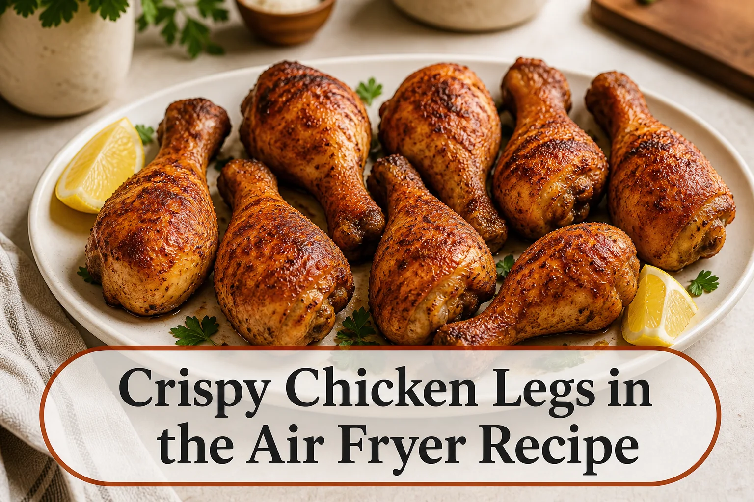 Crispy chicken drumsticks with title reading Crispy Chicken Legs in the Air Fryer Recipe