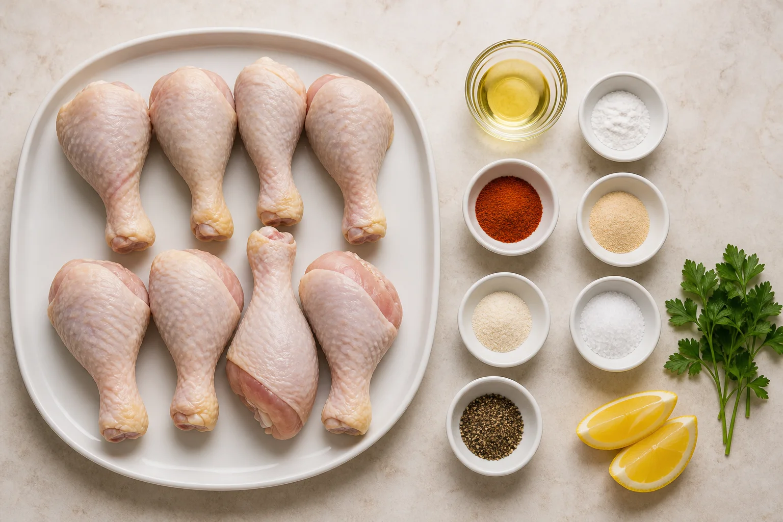 Chicken drumsticks with oil, baking powder, paprika, garlic, onion, salt and pepper