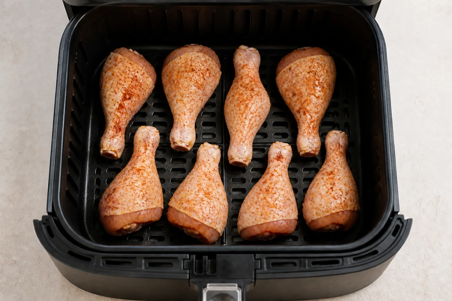 Eight seasoned raw chicken drumsticks arranged in one layer in an air fryer basket