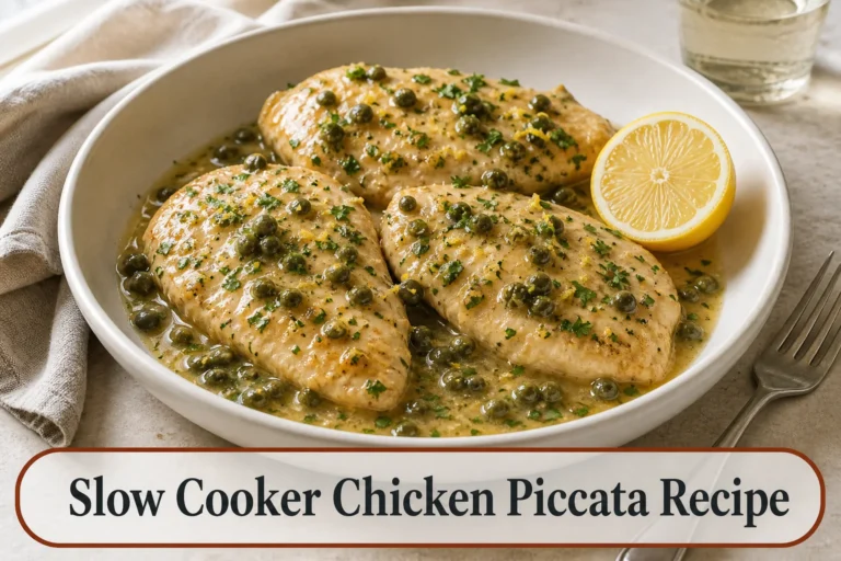 Chicken cutlets in lemon-caper sauce with title reading Slow Cooker Chicken Piccata Recipe