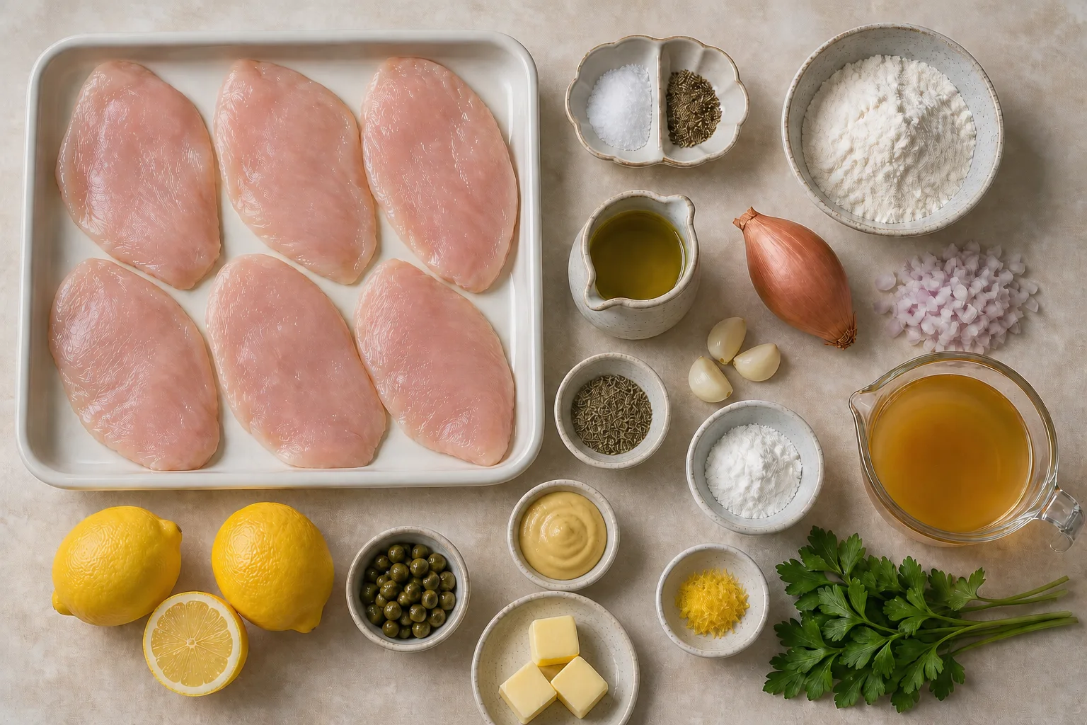 Chicken cutlets, flour, broth, lemon, capers, butter, shallot, garlic and seasonings