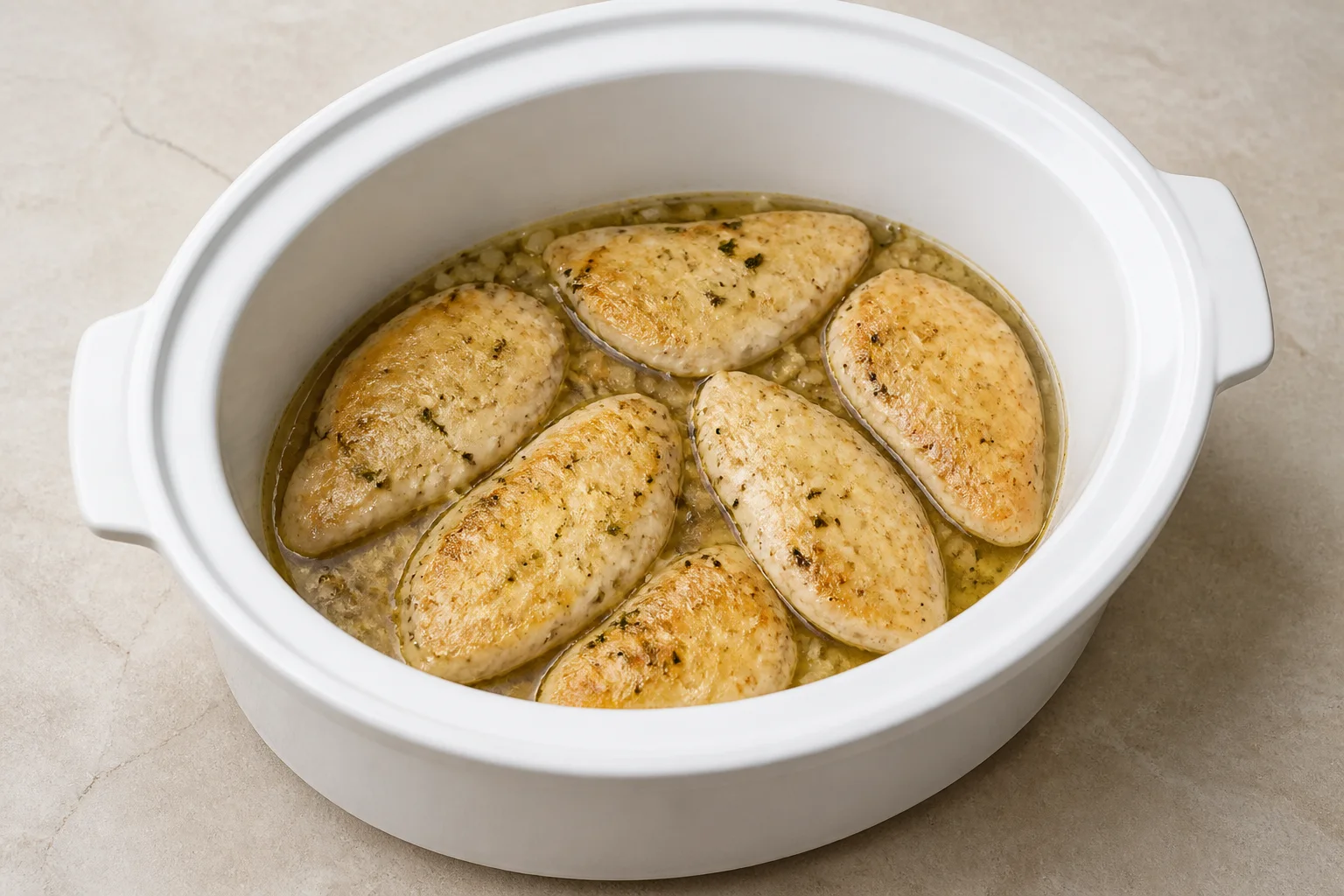 Six lightly seared chicken cutlets arranged in shallot broth in a slow cooker