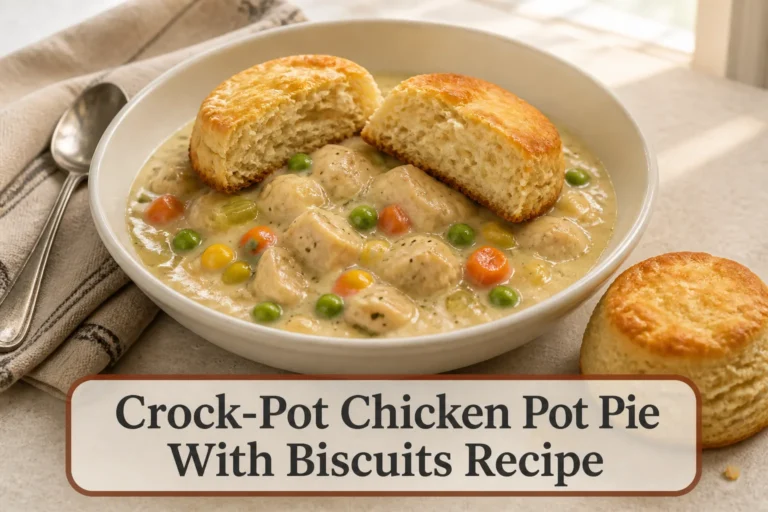 Creamy chicken pot pie filling with golden biscuits and title reading Crock-Pot Chicken Pot Pie With Biscuits Recipe