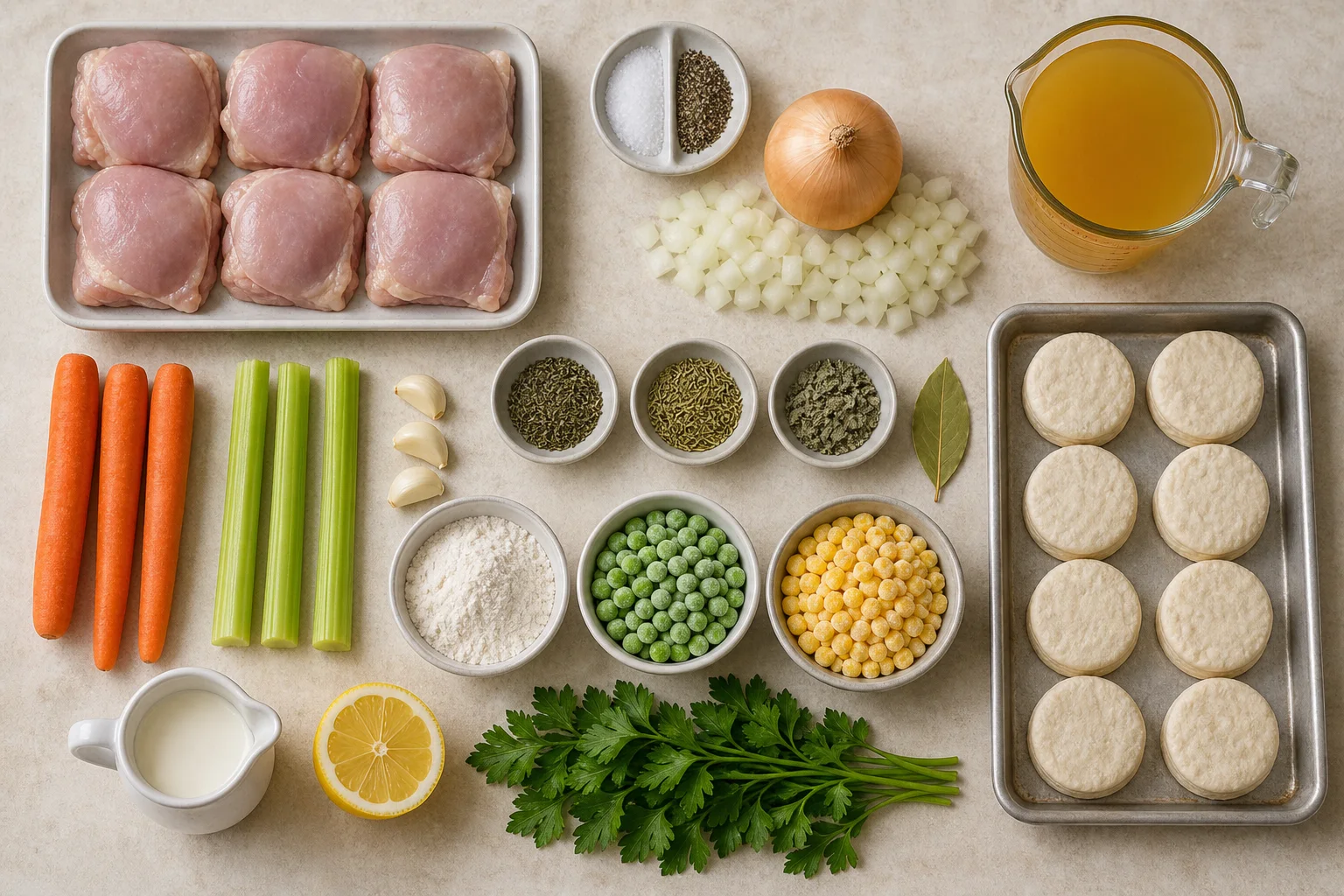 Chicken thighs, vegetables, broth, flour, cream, herbs and unbaked biscuits